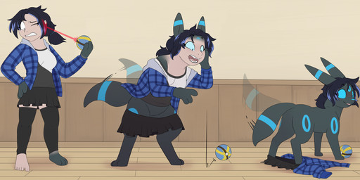 barefoot black_body black_hair blue_sclera bottomwear butt clothing feet female feral growth hair holding_object holding_pokeball human_to_feral legwear one_eye_closed open_mouth pokeball skirt smile solo species_transformation standing stockings surprised tail tail_growth tail_motion tailwag three_frame_sequence transformation transformation_by_fictional_prop transformation_by_item transformation_by_pokeball transformation_sequence fauvfox nintendo pokemon eeveelution generation_2_pokemon human mammal pokemon_(species) shiny_pokemon umbreon 2025 absurd_res digital_media_(artwork) hi_res sequence