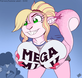 anthro big_breasts blonde_hair breasts claws clothed clothing duo female green_eyes hair huge_breasts male non-mammal_breasts pink_body shirt simple_background smile tail text text_on_clothing text_on_shirt text_on_topwear topwear drxii kobold_quest mega_milk pistachio_kobold tamago_(teer) kobold reptile scalie squirrelbold digital_media_(artwork) english_text hi_res meme