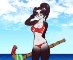 aged_up anthro bikini breasts cleavage clothed clothing cocked_hip female green_eyes solo staff swimwear two-piece two-piece_swimsuit scorpdk blizzard_entertainment heroes_of_the_storm warcraft li_li_stormstout bear mammal pandaren 2017 hi_res