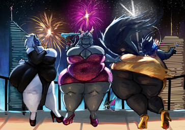 alcohol anthro antlers belly bent_over beverage big_belly big_breasts black_tail blue_eyes breasts building city clothing container cup dress drinking_glass female female/female fireworks floppy_ears fluffy fluffy_tail footwear fur glass glass_container glass_cup grey_body grey_fur group high_heels horn huge_belly huge_breasts huge_thighs mask obese obese_anthro obese_female overweight overweight_anthro overweight_female shoes skyscraper tail text thick_thighs tight_clothing tight_dress trio wine wine_glass nemiyakii league_of_legends pseudoregalia riot_games tencent kindred_(lol) lamb_(lol) sybil_(pseudoregalia) wolf_(lol) bovid canid canine canis caprine goat hybrid jackalope lagomorph mammal sheep wolf absurd_res english_text hi_res