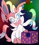 ambiguous_gender blue_eyes feral gift holidays holly_(plant) plant smile solo findingdeb christmas nintendo pokemon eeveelution generation_6_pokemon pokemon_(species) sylveon