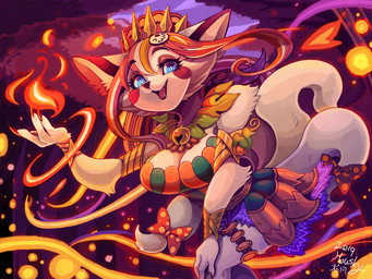 accessory anthro bell bent_over blue_eyes bow_(feature) bow_accessory bow_ribbon breasts cheek_tuft cleavage clothed clothing crown cute_fangs facial_tuft fangs female fire fur furgonomics hair hand_on_knee hand_on_leg headgear holidays kemono light looking_at_viewer magic_user multi_tail multicolored_hair night outside red_hair ribbons rosy_cheeks solo tail tail_accessory tail_bow tail_ribbon tan_body tan_fur teeth tuft two_tone_hair inutsukihasukii halloween domestic_cat felid feline felis mammal 2019 4:3 digital_media_(artwork) lighting orange_theme portrait signature three-quarter_portrait