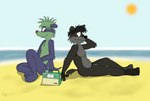 anthro arm_tuft armpit_hair beach black_body black_fur black_hair black_nose blue_body blue_fur blue_sky body_hair casual_nudity day detailed_background duo elbow_tuft electronics eyebrows flaccid fur genitals green_body green_fur green_hair grey_body grey_fur grey_nipples grey_penis hair male male/male nipples nude nude_beach one_ear_up outside penis plantigrade pubes radio red_nose sand sea seaside sitting sky social_nudity sun tail tuft water rasik lextoondog_(character) timmy_(rasik) canid canine canis domestic_dog mammal wolf 2023 absurd_res digital_drawing_(artwork) digital_media_(artwork) hi_res shaded soft_shading