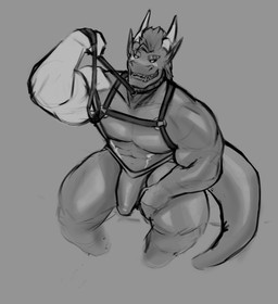 anthro biceps bulge clothing collar erection facial_markings genital_outline harness head_markings horn jockstrap leash leash_pull leashed_collar male markings muscular muscular_male open_mouth pecs sharp_teeth shirtless sitting smile solo spiked_collar spikes tail teeth thick_thighs underwear leander_dk_(artist) mythology leander_dk dragon mythological_creature mythological_scalie scalie absurd_res greyscale hi_res monochrome sketch