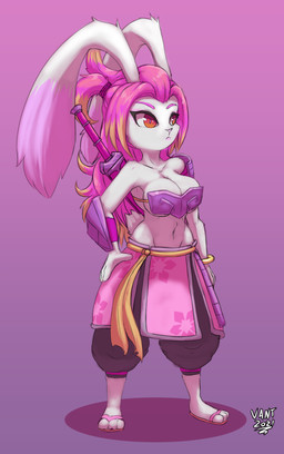 3_toes anthro armor barely_contained barely_contained_breasts belt big_breasts bottomwear bracelet bracers breastplate breasts cleavage clothed clothing dipstick_hair eyelashes feet female floppy_ears footwear fur gold_(metal) gold_jewelry hair hand_on_hip jewelry long_ears long_hair melee_weapon midriff navel pants pauldron pink_hair pink_nose red_eyes sandals shoes side_boob solo standing sword sword_on_back toes unconvincing_armor weapon weapon_on_back white_body white_fur vant_talon gunfire_reborn tao_(gunfire_reborn) lagomorph leporid mammal rabbit 2021 absurd_res full-length_portrait hi_res portrait