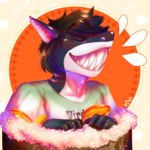 ambiguous_gender anthro black_hair clothed clothing detailed_background eyes_closed food hair in_food shirt smile solo sushi teeth topwear vird sal_(salboye) fish marine shark 1:1 digital_media_(artwork) hi_res