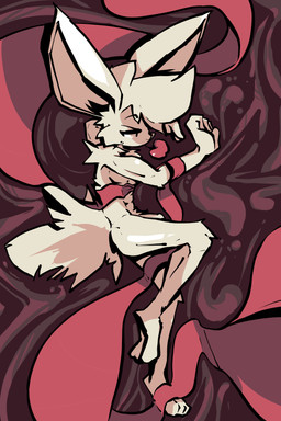 abs abstract_background anthro apple athletic athletic_anthro big_ears big_tail bite food fruit genitals head_tuft lying male nude on_side penis plant red_background ribbons simple_background solo tail tail_tuft tuft 9hammer hex_(9hammer) lagomorph mammal 2:3 absurd_res hi_res
