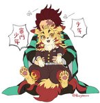 4_fingers alternate_species asian_clothing belt chest_tuft cloak clothed clothing duo east_asian_clothing fingers fur japanese_clothing male paws red_body red_fur simple_background sniffing tuft uniform white_background yellow_body yellow_fur young buryooooo demon_slayer kimetsu_no_yaiba kamado_tanjirou kyojuro_rengoku tanjiro_kamado canid canine fox human mammal hi_res