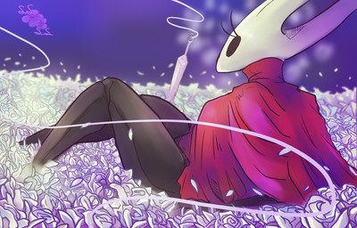 2_horns biped black_body black_eyes cloak clothed clothing empty_eyes eyelashes female field flower horn logo lying melee_weapon on_ground petals plant red_cloak red_clothing solo thread weapon white_flower ssleepyflowers hollow_knight:_silksong hollow_knight_(franchise) team_cherry hornet_(hollow_knight) animal_humanoid arachnid arachnid_humanoid arthropod arthropod_humanoid humanoid insect spider_humanoid 2026 artist_logo hi_res