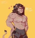 abs anthro biceps black_bottomwear black_clothing black_hair black_mane black_pants bottomwear chest_tuft clothed clothing ear_piercing hair heart_symbol humanoid_hands looking_away male mane muscular muscular_male pants pecs piercing simple_background smile solo standing topless tuft yellow_background yellow_eyes ccaimeo felid lion mammal pantherine hi_res
