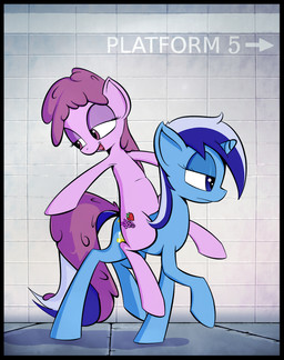 blue_eyes cutie_mark drunk duo female feral floor hair half-closed_eyes horn multicolored_hair narrowed_eyes purple_eyes quadruped substance_intoxication subway tail tile tile_floor two_tone_hair subjectnumber2394 friendship_is_magic hasbro my_little_pony mythology berry_punch_(mlp) minuette_(mlp) earth_pony equid equine horse mammal mythological_creature mythological_equine pony unicorn hi_res