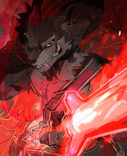 abstract_background anthro bandolier black_body black_fur claws fangs finger_claws fur grey_body grey_eyes grey_fur grin half-closed_eyes holding_melee_weapon holding_object holding_sword holding_weapon looking_at_viewer male melee_weapon narrowed_eyes sharp_teeth smile solo sword teeth tongue tongue_out weapon soyeah crystallium lycurgus canid canine canis mammal wolf hi_res