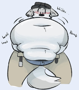 anthro belly belt big_belly blush bottomwear clothed clothing emanata embarrassed fupa hand_on_belly huge_belly ill-fitting_clothing looking_down low-angle_view male obese obese_male onomatopoeia open_bottomwear open_clothing open_mouth open_pants open_smile overweight overweight_male pants smile solo sound_effects text underwear wardrobe_malfunction whining ambergate briar_(ambergate) canid canine canis mammal wolf