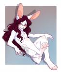 anthro chest_tuft eyewear femboy fur glasses hair long_hair male markings nude paws purple_eyes purple_hair raised_leg reclining solo spots spotted_body spotted_fur tuft white_body white_fur dagger_leonelli majime skylar_(swayzie) lagomorph leporid mammal rabbit 2016