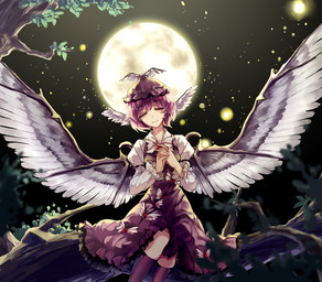 backlighting branch clothed clothed_female clothed_humanoid clothing dress eyes_closed feathered_wings feathers female full_moon fully_clothed fully_clothed_female fully_clothed_humanoid hair hands_together hat head_wings headgear headwear in_tree interlocked_fingers juliet_sleeves light moon night on_branch pink_hair plant puffy_sleeves purple_clothing purple_dress purple_hair shirt sitting sitting_on_branch sky smile solo spread_wings topwear tree unusual_wing_placement white_clothing white_shirt white_topwear wings hug_(yourhug) touhou mystia_lorelei animal_humanoid avian avian_humanoid humanoid winged_humanoid 2013 lighting