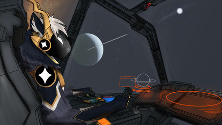 cockpit horn interface machine male planet planet_rings royalty screen screen_face solo spacecraft star vehicle axiinos_(artist) elite:dangerous prince_the_protogen protogen 16:9 hi_res widescreen