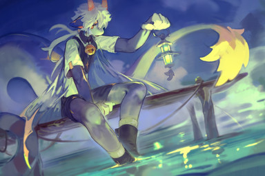 anthro bell black_bottomwear black_clothing black_shorts black_topwear bottomwear clothed clothing foot_in_water grey_body hair holding_lantern holding_object horn lamp lantern male male_anthro open_mouth orange_eyes orange_horn shirt short_hair shorts sitting solo t-shirt tail tail_tuft topwear tuft water white_body white_clothing white_hair white_shirt white_t-shirt white_topwear carbonizedaki mythology dragon mythological_creature mythological_scalie scalie hi_res