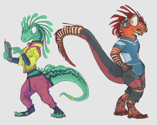 5_fingers 5_toes accessory ambiguous_gender anthro bent_arm big_eyes biped black_bottomwear black_clothing black_pants blue_clothing blue_eyes blue_shirt blue_topwear bottomwear brown_body claws clothed clothing coat digitigrade duo earhole electronics feet fingers footwear furgonomic_footwear furgonomic_pants furgonomics green_body green_eyes green_tongue hand_in_pocket headphones holding_object holding_phone jewelry long_neck long_tail looking_aside looking_at_another markings multicolored_body multicolored_bottomwear multicolored_clothing open_mouth orange_body pants phone pink_bottomwear pink_clothing pink_pants pockets pose purple_bottomwear purple_clothing purple_pants raised_tail red_bottomwear red_clothing red_pants ring shirt shoes simple_background snout standing surprised tail tail_accessory tail_clothing tail_jewelry tail_ring tail_sleeve tapering_tail tapping_phone tendrils thick_tail toeless_footwear toeless_shoes toes tongue topwear two_tone_body two_tone_bottomwear two_tone_clothing two_tone_pants white_background white_markings yellow_clothing yellow_coat yellow_topwear tilkidud alien lizard reptile scalie 2026 absurd_res colored digital_drawing_(artwork) digital_media_(artwork) flat_colors full-length_portrait hi_res portrait sketch
