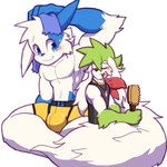 anthro blue_eyes briefs brush bulge clothed clothing duo eyes_closed fur hair hairbrush male multicolored_body muscular sitting sleeveless_shirt tail underwear underwear_only whiteleo nintendo pokemon max_(whiteleo) generation_3_pokemon generation_4_pokemon legendary_pokemon pokemon_(species) shaymin shiny_pokemon sky_forme_shaymin zangoose 1:1 hi_res