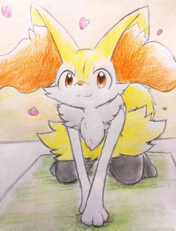 3_fingers :3 all_fours ambiguous_anthro ambiguous_gender anthro arm_tuft biped black_body cheek_tuft chest_tuft digitigrade facial_tuft fingers fluffy fluffy_tail front_view fur heart_symbol hip_tuft inner_ear_fluff looking_at_viewer multicolored_body multicolored_fur nude_ambiguous nude_anthro orange_body orange_eyes orange_fur orange_inner_ear_fluff orange_nose pointy_ears prick_ears shoulder_tuft simple_background smile solo tail tuft white_body white_fur yellow_body yellow_fur yellow_tail eiroru nintendo pokemon braixen canid generation_6_pokemon mammal pokemon_(species) 2018 colored_pencil_(artwork) full-length_portrait graphite_(artwork) hi_res japanese_description portrait traditional_media_(artwork) translated_description