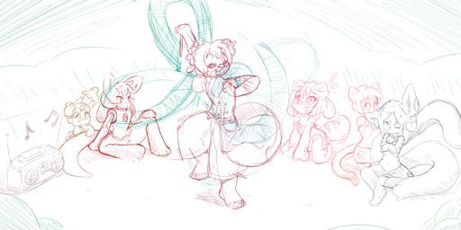 ambiguous_gender anthro barefoot boombox bottomwear clothing dancing eyebrows eyelashes feet glowstick group hair happy male music musical_note musical_symbol pants simple_background symbol young kemotobi nintendo pokemon avalon tobiki_(kemotobi) domestic_ferret generation_4_pokemon lucario mammal mustelid musteline pokemon_(species) true_musteline weasel 2014 hi_res sketch
