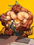 anthro biceps big_muscles big_pecs blush bodily_fluids cake chair clothing clothing_pull computer_keyboard dessert flustered flustered_male flying_sweatdrops food furniture grope groping_chest group hand_on_pecs heart_symbol holding_object holding_pen huge_muscles kneeling licking licking_lips looking_at_viewer looking_down_at_partner looming looming_over male male/male muscular muscular_anthro muscular_arms muscular_male nipples on_chair pec_grab pec_squeeze pecs pen sitting sitting_on_chair slice_of_cake sparkles squish standing_behind sweat sweatdrop tablet tablet_pen tongue tongue_out trio vein veiny_muscles vorusuarts mythology aki_sbarkle haru_sbarkle vorusuarts_(character) canid canine canis domestic_dog dragon german_shepherd herding_dog mammal mythological_creature mythological_scalie pastoral_dog scalie 3:4 hi_res
