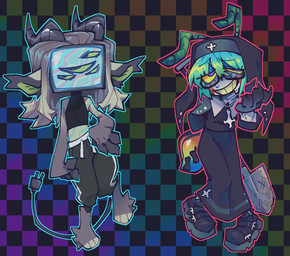 2_horns 4_eyes ambiguous_gender antennae_(anatomy) anthro arthropod_abdomen black_background bodily_fluids boots bottomwear checkered checkered_background clothed clothed_anthro clothed_humanoid clothed_male clothing crop_top cross cross_necklace dress duo electronics eyewear femboy footwear for_a_head fully_clothed fully_clothed_anthro fully_clothed_humanoid fully_clothed_male glasses gradient_background green_hair grin hair horn jewelry male multi_eye necklace nervous nervous_smile nervous_sweat nun nun_outfit nun_veil pants pattern_background paws rainbow rainbow_background screen screen_face shirt shoes shovel simple_background smile standing sweat sweatdrop sweatpants tail television tools topwear veil wearing_glasses btascandalist animal_humanoid arthropod arthropod_humanoid humanoid insect insect_humanoid mammal object_head screen_head tv_head nonbinary_(lore)