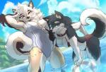 anthro bikini breasts clothed clothing duo female fur hair one-piece_swimsuit swimwear tail two-piece_swimsuit water larkdraws ingrid_(extremedash) nika_(extremedash) alaskan_malamute canid canine canis domestic_dog husky mammal nordic_sled_dog spitz 2018 hi_res unavailable_at_source