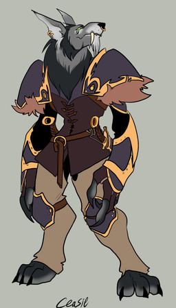 anthro armor claws clothed clothing dagger ear_piercing facial_piercing fur knee_pads male melee_weapon nose_piercing nose_ring pauldron piercing ring_piercing septum_piercing simple_background solo standing teeth toe_claws weapon ceasie_(artist) blizzard_entertainment warcraft canid mammal werecanid werecreature worgen absurd_res hi_res