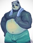 anthro belly big_belly black_body bodily_fluids bottomwear bulge clothing eyes_closed fur humanoid_hands male musclegut muscular navel nipples overweight overweight_anthro overweight_male shorts solo sweat towel towel_around_neck white_body ruslorc panda_(ruslorc) bear giant_panda mammal 2022 half-length_portrait hi_res portrait