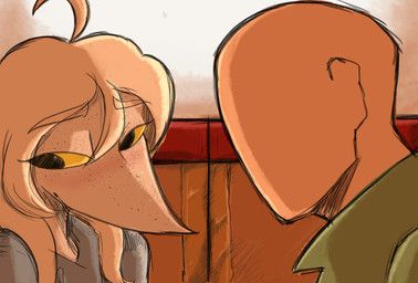 anthro bald black_eyes blonde_hair blue_clothing blue_hoodie blue_topwear blush clothed clothed_anthro clothed_female clothed_human clothed_male clothing duo eyebrow_through_hair eyebrows female freckled_face freckles green_clothing green_jacket green_topwear hair hoodie human_on_anthro interspecies jacket long_hair looking_aside male male/female romantic romantic_couple shy side_view topwear translucent translucent_hair white_body yellow_sclera joebamna cavemanon_studios puppet_pals snoot_game anon_(snoot_game) fan_character judee dinosaur human mammal prehistoric_species reptile saurischian scalie theropod troodon troodontid 2025 absurd_res colored hi_res shaded