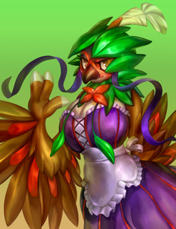 3_fingers anthro beak big_breasts black_beak black_face breasts brown_arms brown_body brown_feathers brown_hands brown_tail clothed clothed_anthro clothed_female clothing dress eyelashes feathers female fingers gradient_background green_background green_hood hand_behind_back hood looking_at_viewer maid_uniform multicolored_body multicolored_clothing multicolored_feathers pokemorph purple_clothing purple_dress raised_arm red_body red_face red_feathers ribbons simple_background smile smiling_at_viewer solo tail tail_feathers uniform white_breasts white_face white_fingers wings yellow_background yellow_eyes d685ab7f nintendo pokemon eriture_(patohoro) fan_character avian decidueye generation_7_pokemon pokemon_(species) 2025 absurd_res colorful_theme digital_media_(artwork) digital_painting_(artwork) hi_res painting_(artwork) portrait three-quarter_portrait