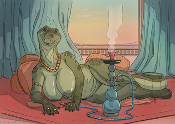 5_fingers anthro armlet big_breasts breasts claws curtains curtains_open digit_ring facial_piercing female finger_claws finger_ring fingers green_body hookah hookah_pipe jewelry jewelry_only looking_at_viewer lying necklace nipples non-mammal_breasts non-mammal_nipples nude nude_anthro nude_female on_side piercing pillow pose scales smoke solo steam tail text arcr-cric crocodile crocodilian reptile scalie 2025 digital_media_(artwork) hi_res pinup signature url