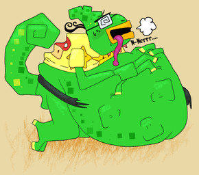 air_puff ambiguous_gender anthro anthro_pred belly big_belly clothing duo eyewear feral glasses green_arms green_body green_legs huge_belly long_tongue male male_pred open_mouth shirt tan_body tongue topwear vore yellow_clothing yellow_shirt yellow_topwear squishybellies vore_day_2025 francis_(paper_mario) lizard reptile scalie 2025