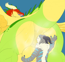 anal anthro anthro_on_feral bestiality blue_stripes bodily_fluids deep_rimming duo facesitting feral fur green_body green_eyes grey_body grey_fur horn male male/male male_on_feral multicolored_body multicolored_fur musk oral quadruped raised_tail red_body rimming sex simple_background sitting_on_another size_difference stripes sweat tail white_body white_fur yellow_body aetherxov mythology mango_pervdragon serow_(character) dragon kobold mythological_creature mythological_scalie scalie digital_drawing_(artwork) digital_media_(artwork) flat_colors hi_res