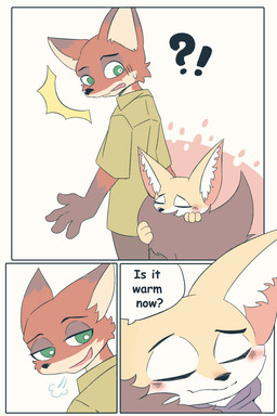 anthro blush bottomwear breath brown_body brown_fur clothed clothing dialogue duo eyes_closed fully_clothed fur interrobang male male/male pants shirt smile tail tail_grab tail_hug tan_body tan_fur text topwear fchicken disney zootopia finnick_(zootopia) nick_wilde canid canine fennec_fox fox mammal red_fox true_fox 2020 2:3 comic english_text hi_res