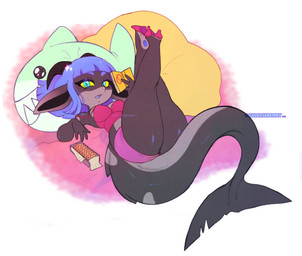 4_fingers anthro black_body black_skin blue_eyes book border bottomwear box breasts camisole clothing colored_sclera colored_skin container cookie crossed_legs female female_anthro fin fingers fish_tail food footwear grey_body grey_skin heelpop high_heels holding_book holding_object horn hotpants legs_up long_pointy_ears looking_at_viewer loose_footwear lying medium_breasts medium_hair monster_girl_(genre) multicolored_body multicolored_skin nipple_outline non-mammal_breasts on_back parted_lips pawpads pillow pink_bottomwear pink_clothing pink_footwear pink_hotpants pink_shoes pink_shorts pointy_ears reclining red_camisole shark_tail shoe_dangle shoes shorts shortstack shortstack_female simple_background solo sparkles surprised tail tail_fin thick_thighs two_tone_body two_tone_skin white_background white_border wide_hips yellow_book yellow_pillow yellow_sclera galaxiabunny atlyss crackers_in_bed_pose aquatic imp_(atlyss) 2025 hi_res