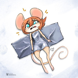 anthro blue_eyes bodily_fluids duct_tape female fur hair nude nude_female open_mouth orange_hair solo tail tan_body tan_fur tape tears kiaun derideal pixi_(derideal) mammal mouse murid murine rodent 1:1 hi_res