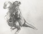 ambiguous_gender anthro brass_instrument clothed clothing coat duo frown musical_instrument musician topwear trumpet wind_instrument oddwilds mammal mustelid otter 2021 traditional_media_(artwork)