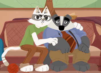 anthro black_nose bottomwear clothing duo furniture hug male necktie overweight overweight_male pants shirt sitting sofa suspenders topwear white_body bencomedion beastly_crimes beastly_crimes_(2024) badgercat chief_badger badger domestic_cat felid feline felis mammal mustelid musteline 2026 hi_res