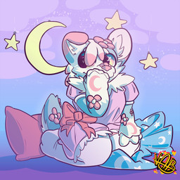 anthro bedding blanket clothed clothing crossdressing dress femboy kneeling male outside pillow shy shy_smile smile solo vivianne_aleksander_x canid canine mammal 1:1 hi_res
