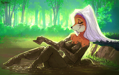 anthro breasts clothing countershade_face countershading dirty eyebrows eyelashes eyes_closed feet female forest fur glistening grass headdress headgear headgear_only headwear headwear_only humanoid_feet logo mostly_nude mostly_nude_anthro mostly_nude_female mud mud_bath mud_covered muddy nature nature_background nipples nude orange_body orange_fur outside partially_submerged partially_submerged_foot plant plantar_flexion plantigrade skinny_dipping smile solo tree white_body white_fur wimple doronkomajo disney robin_hood_(disney) maid_marian canid canine fox mammal red_fox true_fox 2023 artist_logo dated hi_res