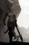 anthro armor athletic breasts claws cloth clothed clothing featureless_breasts featureless_crotch female melee_weapon muscular muscular_anthro polearm ribbons scar solo spear tail topless tribal unconvincing_armor warrior weapon zekit tatters felid lion mammal pantherine