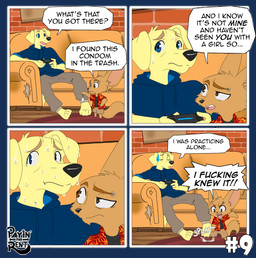 bodily_fluids condom cum dialogue filled_condom furniture genital_fluids humor living_room male profanity sexual_barrier_device sitting sofa speech_bubble sweat text ariesartist ben_(ariesartist) roger_(ariesartist) bird_dog canid canine canis domestic_dog fennec_fox fox hunting_dog labrador mammal retriever true_fox alpha_channel comic english_text hi_res