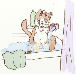 anthro balls bath bathtub blue_eyes bodily_fluids brown_body brown_fur erection fur genital_fluids genitals male male_peeing nipples nude peeing peeing_into_bath peeing_into_water penis penis_peeking_out_of_water shota simple_background smile solo urine urine_stream water watersports wet white_body white_fur young young_anthro young_male lavilovi domestic_cat felid feline felis mammal digital_media_(artwork)