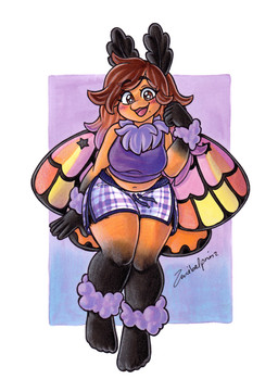 ankle_tuft antennae_(anatomy) anthro arm_tuft bare_shoulders barefoot belly black_antennae black_hands black_legs blush blush_lines bottomwear breasts brown_eyes brown_hair clothing crop_top feet female gradient_background gradient_hair hair happy hotpants insect_wings knock-kneed leg_tuft lepidopteran_wings looking_at_viewer markings medium_breasts midriff mole_(marking) navel neck_tuft on_one_leg open_mouth orange_body pattern_clothing plaid plaid_clothing pose purple_background purple_bottomwear purple_clothing purple_topwear shirt shorts simple_background slightly_chubby smile smiling_at_viewer solo spread_wings standing star_pupils thick_thighs topwear tuft white_background wide_hips wings wrist_tuft zwiebelprinz sunset_(mothpoff) arthropod insect lepidopteran moth absurd_res hi_res signature
