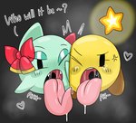bodily_fluids bow_ribbon cross-popping_vein duo female green_body heart_symbol long_tongue looking_at_viewer not_furry one_eye_closed open_mouth oral_invitation question_mark saliva text tongue tongue_out uvula yellow_body surjang mario_and_luigi_(series) mario_bros nintendo paper_mario lady_bow starlow boo_(mario) ghost spirit star_sprite english_text hi_res
