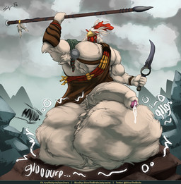 anthro balls big_balls big_muscles big_pecs big_penis bodily_fluids clothed clothing cock_vore cum cum_on_penis dagger digestion feathers genital_fluids genitals huge_balls huge_muscles huge_pecs huge_penis humanoid_genitalia humanoid_penis hyper hyper_balls hyper_genitalia hyper_penis male melee_weapon muscular muscular_anthro muscular_arms muscular_male partially_clothed pecs penile penis polearm solo spear text vein veiny_penis vore weapon white_body white_feathers ivore project_windless avian bird chicken galliform phasianid rekon_(project_windless) 2026 hi_res url