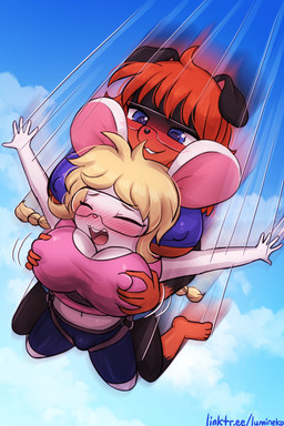 anthro big_breasts biped black_bottomwear black_clothing black_nose black_shorts blonde_hair blue_clothing blue_eyes blue_shirt blue_topwear blush blush_lines bottomwear breast_grab breasts bulge closed_smile clothed clothing cloud crop_top day duo eyebrows eyes_closed falling female floppy_ears fur hair hand_on_breast huge_breasts intersex intersex/female interspecies long_hair lop_ears midriff mouth_closed navel nipple_outline outside pink_clothing pink_crop_top pink_shirt pink_topwear red_body red_fur red_hair shirt short_hair shorts skydiving smile topwear visor white_body white_fur lumineko canid canine canis domestic_dog mammal mouse murid murine rodent 2026 2:3