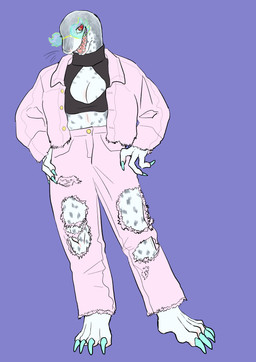 alternative_fashion anthro barefoot big_breasts biped black_clothing black_topwear blue_background bottomwear breasts claws cleavage cleavage_cutout clothed clothing colored_nails crop_top cutout denim denim_bottomwear denim_clothing eyelashes eyewear fangs feet female fin fingers front_view fur glasses grey_body grey_fur grey_skin grey_spots hand_on_hip jacket jeans long_sleeves looking_at_viewer markings membrane_(anatomy) multicolored_body nails navel open_clothing open_mouth painted_claws pants pink_claws pink_clothing pink_sweater pink_topwear pupils purple_background red_eyes sharp_teeth shirt simple_background smile snout solo spots spotted_body spotted_fur spotted_markings standing sweater teeth toe_claws toenails toes tongue topwear torn_bottomwear torn_clothing torn_pants turtleneck webbed_hands whiskers white_body kyokyota aquatic leopard_seal mammal pinniped seal 2020 absurd_res digital_media_(artwork) full-length_portrait hi_res portrait